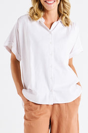 A model wearing the Flynn Linen Blend Shirt in colour White (White), from the front, cropped image