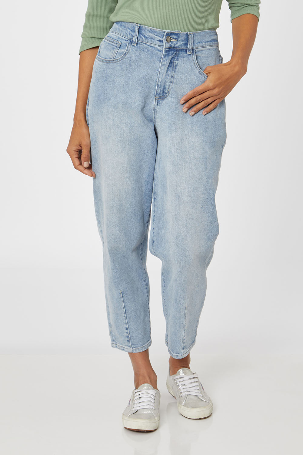 Model Cara wearing size 10 of the Isla Jean in colour Stoneblue (Blue), from the front, cropped image