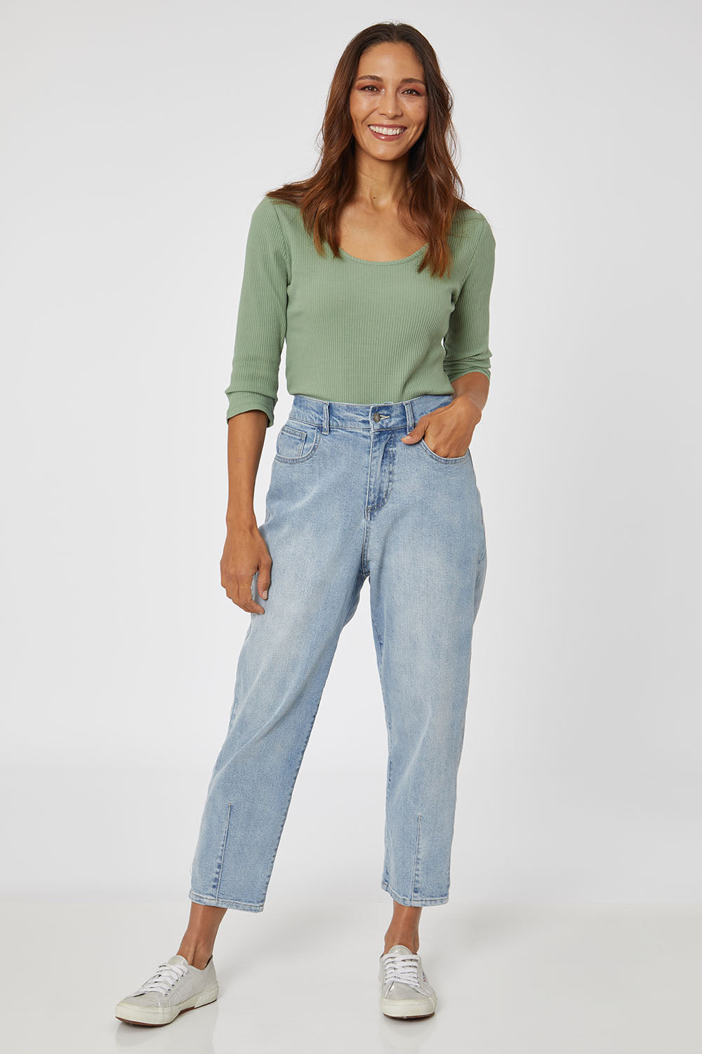 Model Cara wearing size 10 of the Isla Jean in colour Stoneblue (Blue), from the front, showing the whole outfit