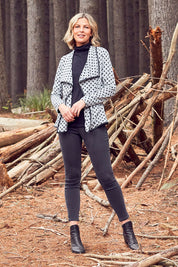 Model Chelsea wearing size 10 of The Free Fall Midi Cardi in colour Greyspot (Grey), from the front, showing the whole outfit