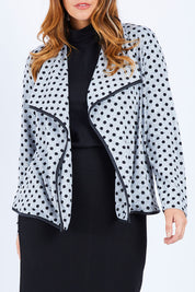 Model Laura wearing size 14 of The Free Fall Midi Cardi in colour Greyspot (Grey), from the front, cropped image