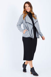 Model Laura wearing size 14 of The Free Fall Midi Cardi in colour Greyspot (Grey), from the front, showing the whole outfit