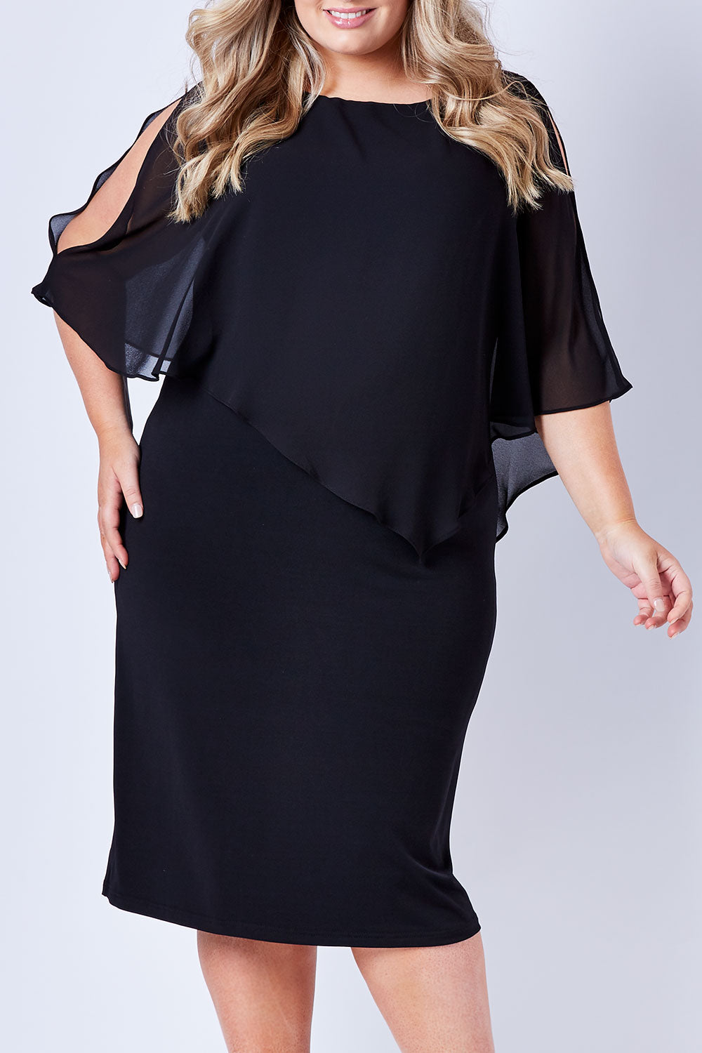Model Sophie wearing size 20 of The Overlay Midi Dress in colour Black (Black), from the front, cropped image