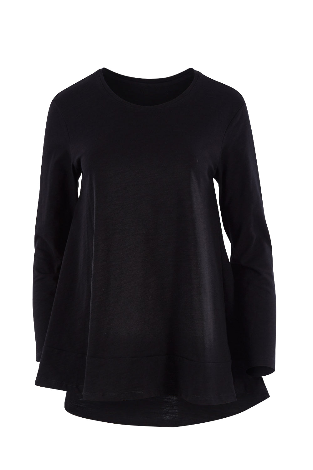 Product shot of The Long Sleeve Swing Tee in colour Black (Black), from the front