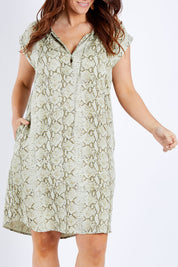 Model Laura wearing size 14 of The Button Up Snake Shift in colour Khaki (Green), from the front, cropped image