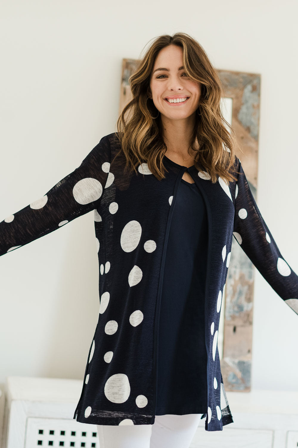 Model Amanda wearing size 10 of The Mesh Twin Set in colour Navy (Blue), from the front, showing the whole outfit