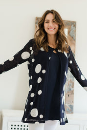 Model Amanda wearing size 10 of The Mesh Twin Set in colour Navy (Blue), from the front, showing the whole outfit