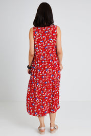 Model Andrea wearing size 10 of The Print Layered Maxi in colour Redfloral (Red), from the back