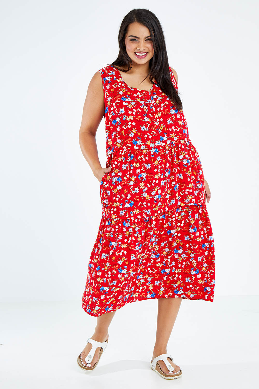Model Sasha-Lee wearing size 16 of The Print Layered Maxi in colour Redfloral (Red), from the front, showing the whole outfit