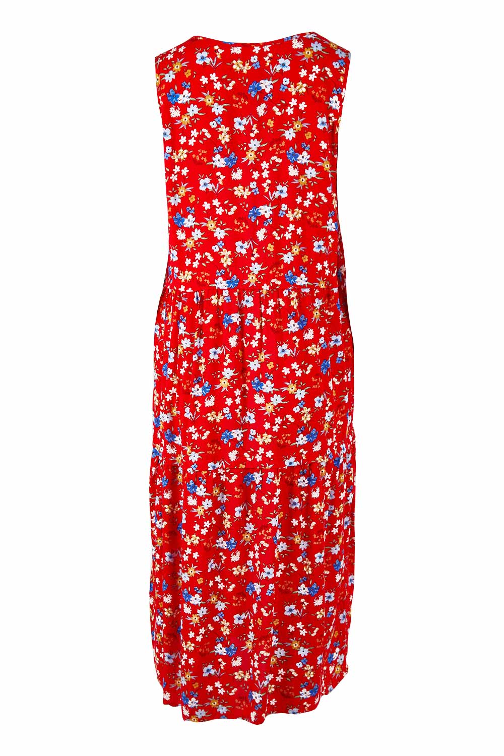 Product shot of The Print Layered Maxi in colour Redfloral (Red), from the back