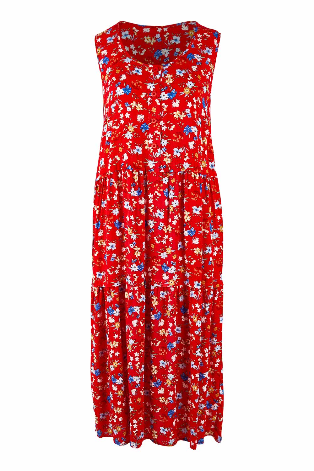 Product shot of The Print Layered Maxi in colour Redfloral (Red), from the front