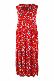 Product shot of The Print Layered Maxi in colour Redfloral (Red), from the front
