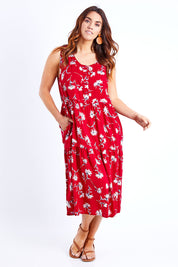 Model Laura wearing size 14 of The Print Layered Maxi in colour Redprint (Red), from the front, showing the whole outfit