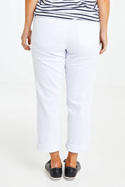 Model Laura wearing size 14 of The Boyfriend Jean in colour White (White), from the back