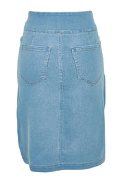 Product shot of The Pull On Denim Skirt in colour Lightdenim (Blue), from the back