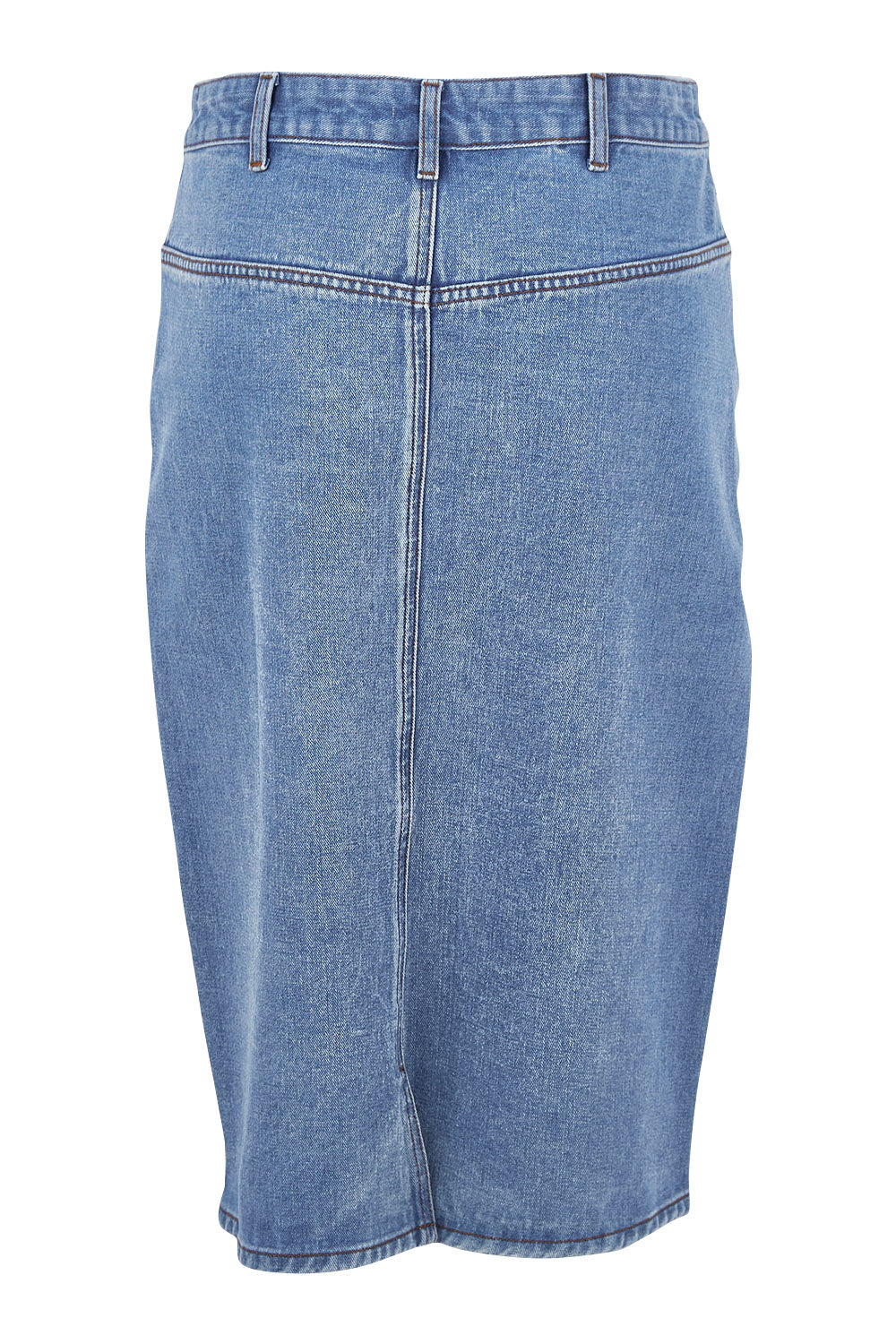 Product shot of The Midi Denim Skirt in colour Denim (Blue), from the back