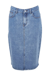 Product shot of The Midi Denim Skirt in colour Denim (Blue), from the front