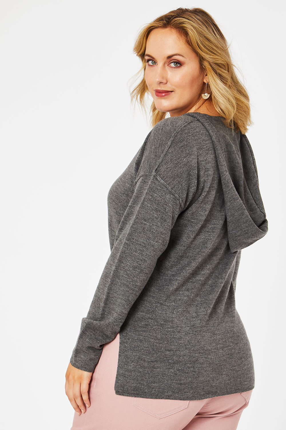 Model Jess wearing size L of The Hoody Knit Jumper in colour Charcoal (Grey), from the back
