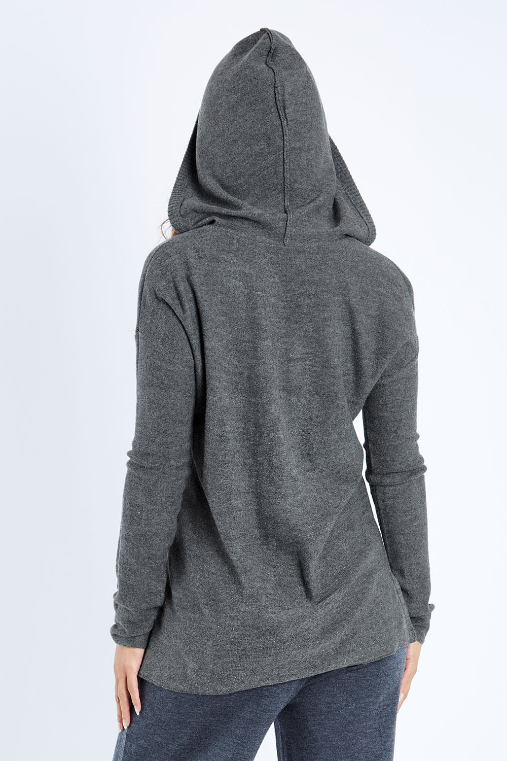 Model Kimberley wearing size S of The Hoody Knit Jumper in colour Charcoal (Grey), from the back