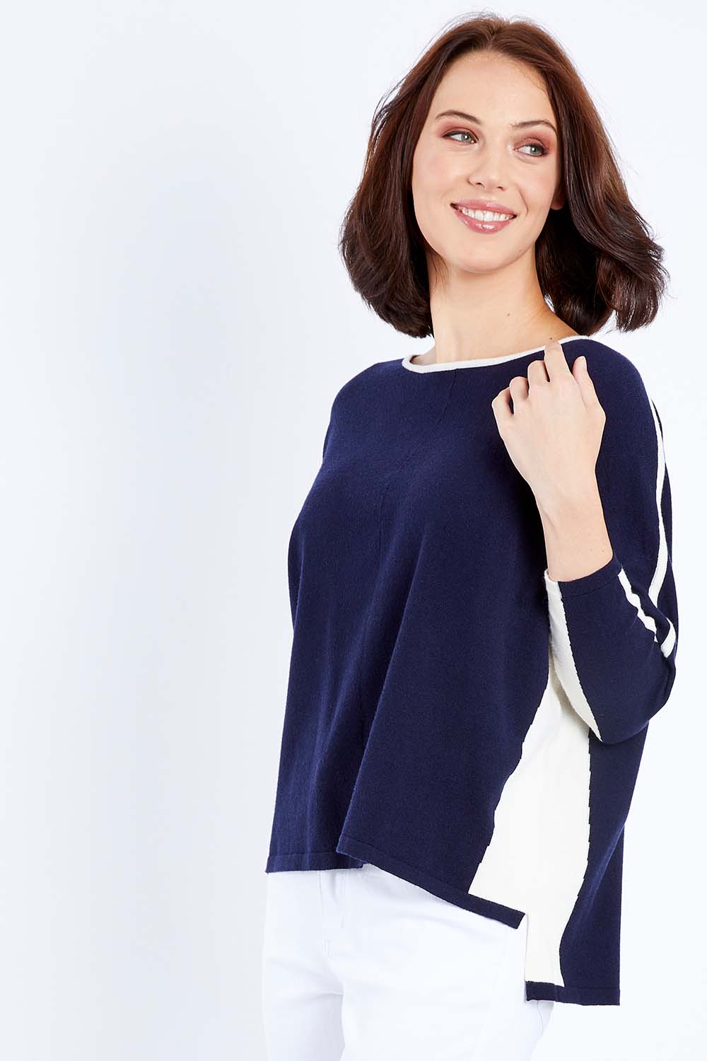 Model Andrea wearing size S of The 2 Tone Jumper in colour Navy (Blue), from the front, cropped image
