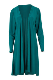 Product shot of The Recycled Swing Cardigan in colour Deeplagoon (Green), from the front
