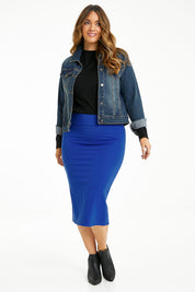 Model Laura wearing size 14 of The Ponte Pull On Midi Skirt in colour Cobaltblue (Blue), from the front, showing the whole outfit