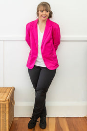 Model Katie wearing size 10 of The Straight Leg Ponte Pant in colour Black (Black), from the front, showing the whole outfit