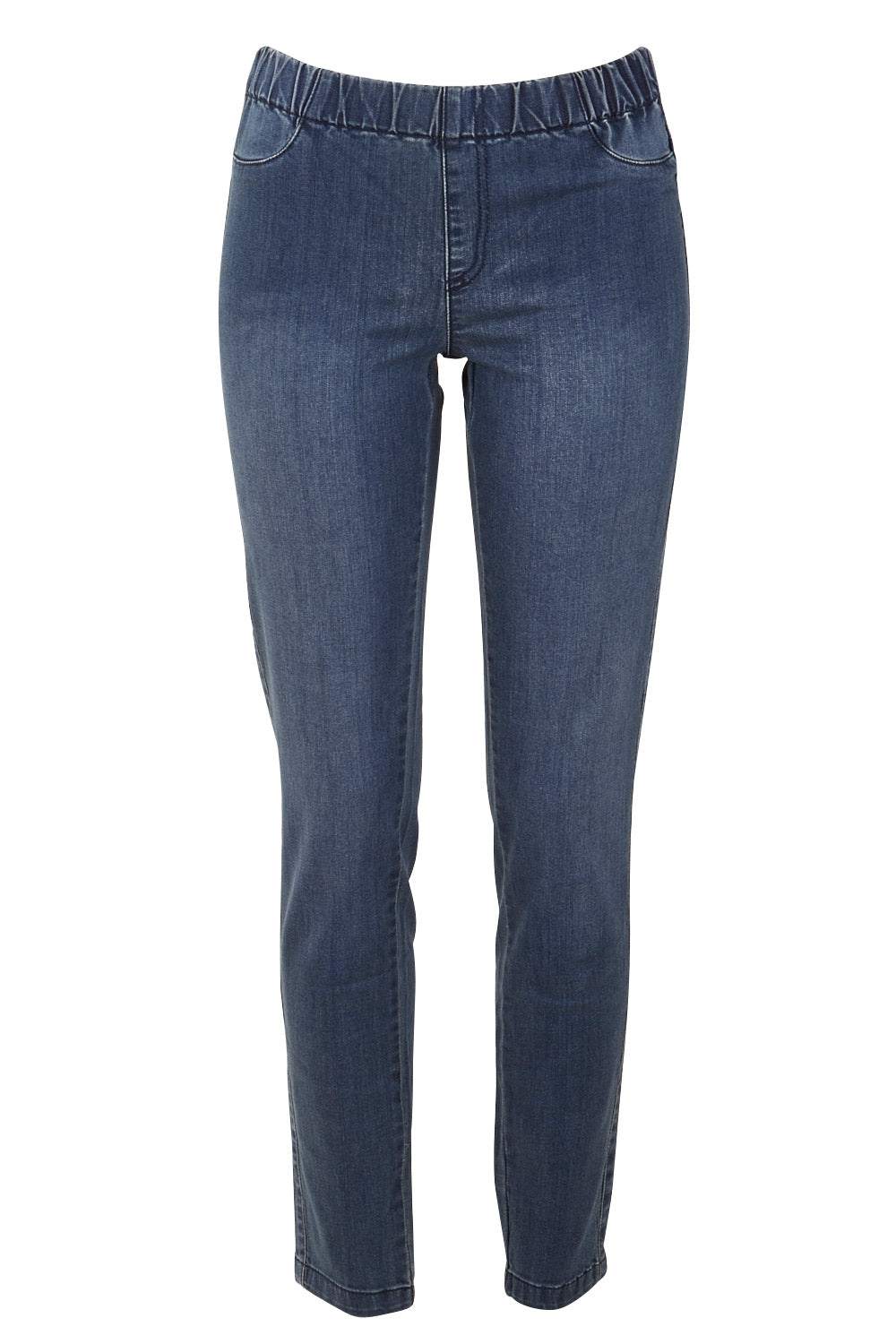 Product shot of The Everyday Jegging in colour Denim (Blue), from the front