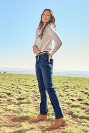 Model Amanda wearing size 10 of The Keepers Highwaisted Straight Jean in colour Darkdenim (Blue), from the front, showing the whole outfit