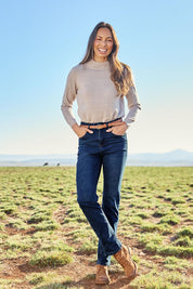 Model Amanda wearing size 10 of The Keepers Highwaisted Straight Jean in colour Darkdenim (Blue), from the front, showing the whole outfit