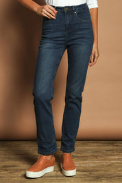 Model Madeline wearing size 10 of The Keepers Highwaisted Straight Jean in colour Darkdenim (Blue), from the front, cropped image