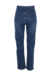 Product shot of The Keepers Highwaisted Straight Jean in colour Darkdenim (Blue), from the back