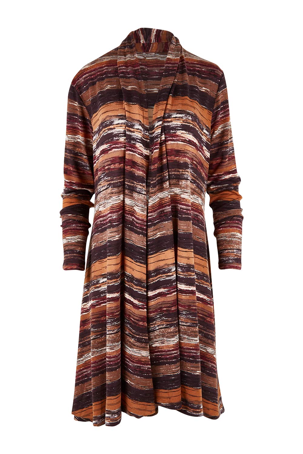 Product shot of The Swing Knit Cardigan in colour Winestripe (Purple), from the front