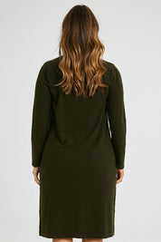 Model Laura wearing size L of The Everyday Knit Midi Dress in colour Deepkhaki (Green), from the back