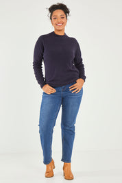 Model Noli wearing size L of The Essential Soft Rib Skivvy in colour Navy (Blue), from the front, showing the whole outfit