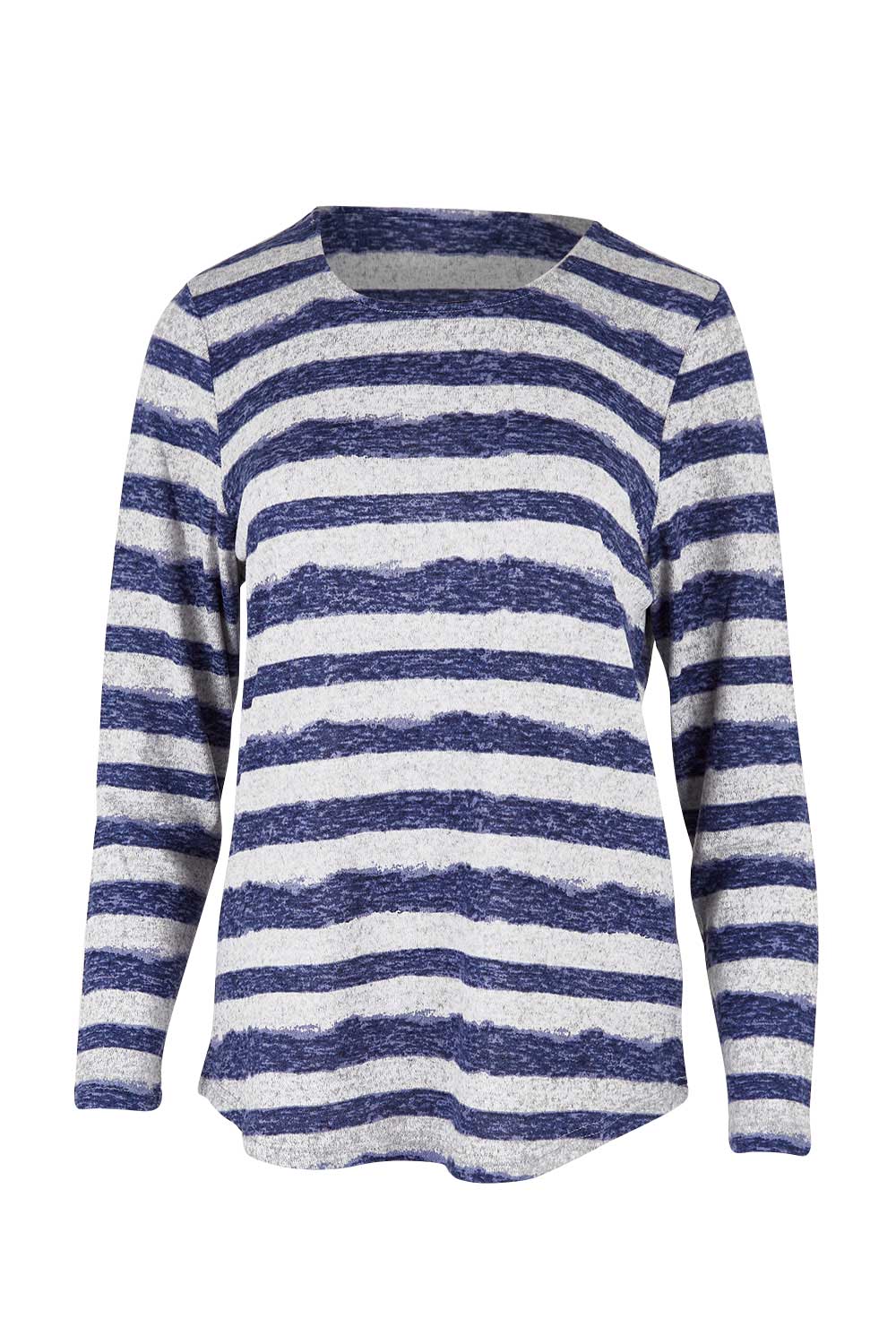 Product shot of The Striped Curved Hem Long Sleeve Tee in colour Cornflower (Blue), from the front