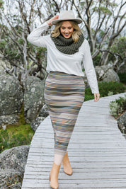 Model Jess wearing size 14 of The Striped Light Knit Lined Skirt in colour Khaki (Green), from the front, showing the whole outfit