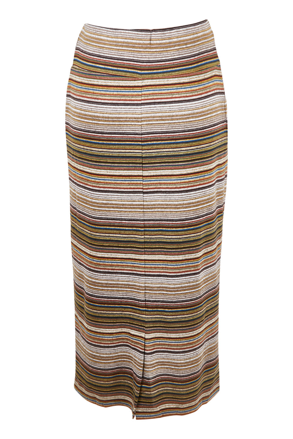 Product shot of The Striped Light Knit Lined Skirt in colour Khaki (Green), from the back