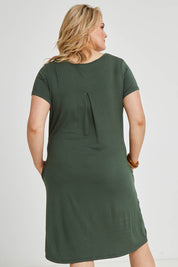 Model Keeara wearing size 16 of The V Split Midi Tee Dress in colour Khaki (Green), from the back