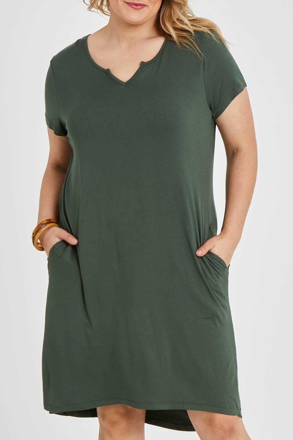Model Keeara wearing size 16 of The V Split Midi Tee Dress in colour Khaki (Green), from the front, cropped image