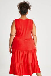 Model Alexis wearing size 16 of The Tiered Tank Dress in colour Red (Red), from the back