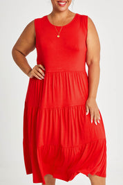 Model Alexis wearing size 16 of The Tiered Tank Dress in colour Red (Red), from the front, cropped image