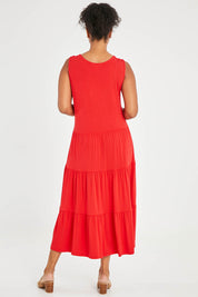 Model Noli wearing size 14 of The Tiered Tank Dress in colour Red (Red), from the back