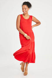 Model Noli wearing size 14 of The Tiered Tank Dress in colour Red (Red), from the front, showing the whole outfit