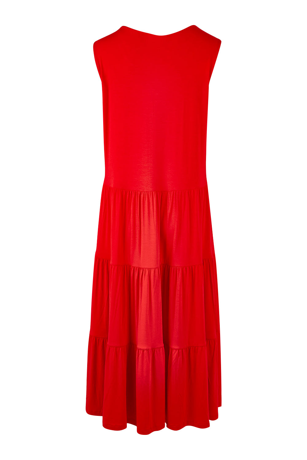 Product shot of The Tiered Tank Dress in colour Red (Red), from the back