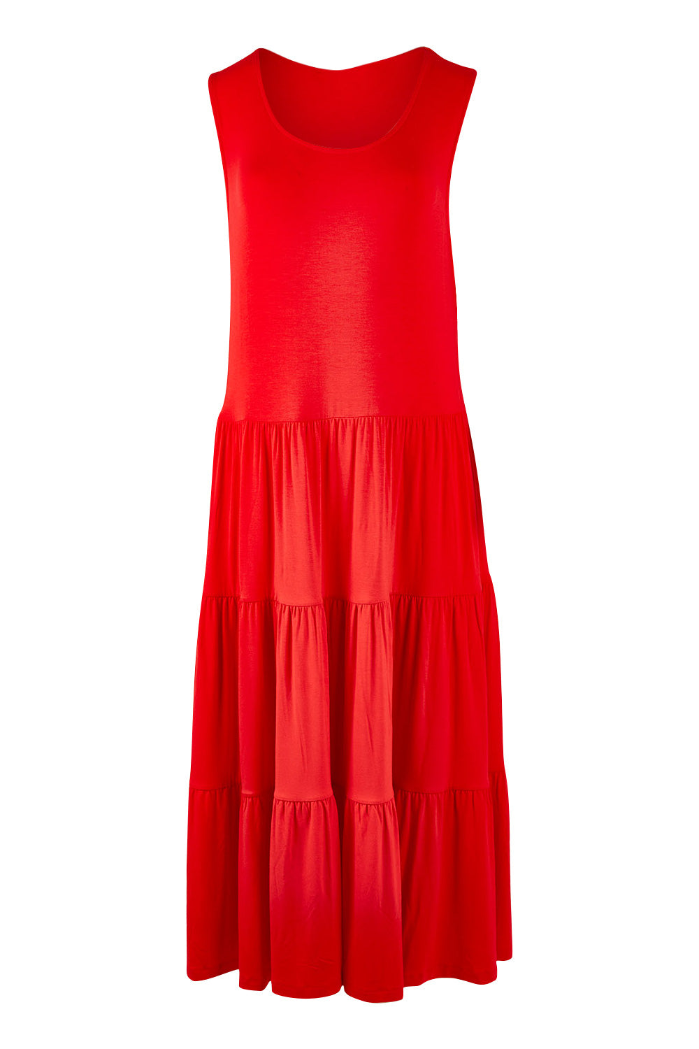 Product shot of The Tiered Tank Dress in colour Red (Red), from the front
