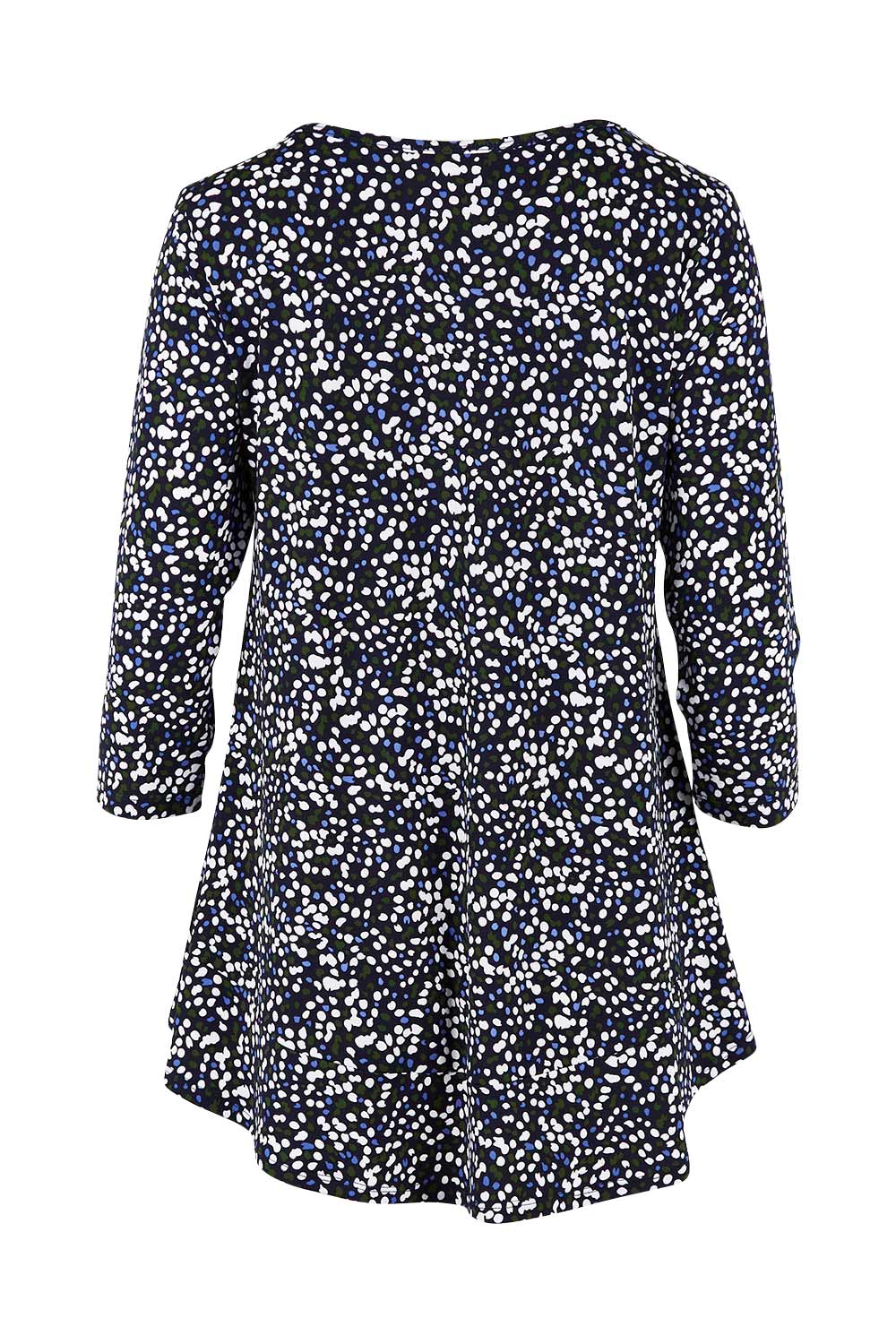 Product shot of The Printed Jersey 3/4 Sleeve Swing Tee in colour Multispot (Blue), from the back
