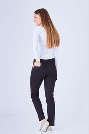 Model Anna wearing size 10 of The Straight Leg Cargo Pant in colour Black (Black), from the back