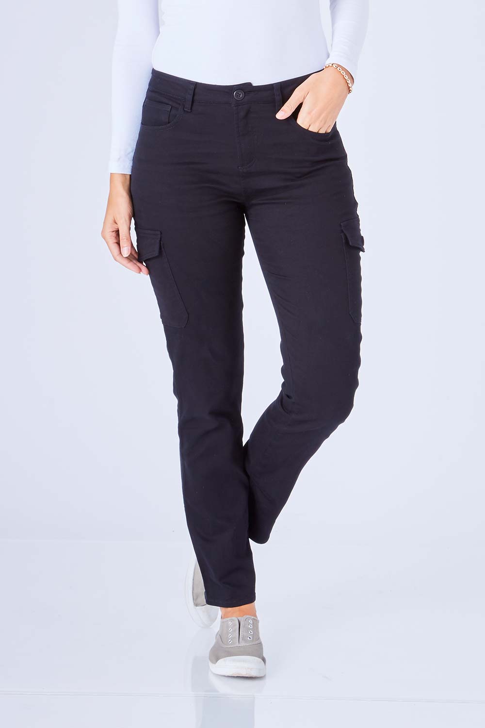 Model Anna wearing size 10 of The Straight Leg Cargo Pant in colour Black (Black), from the front, cropped image