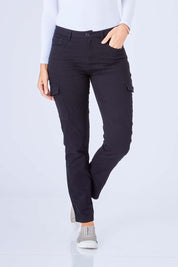 Model Anna wearing size 10 of The Straight Leg Cargo Pant in colour Black (Black), from the front, cropped image